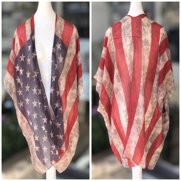 4th of July Stars & Stripes Sleeveless Flag Pancho Coverup - Picture 3 of 11